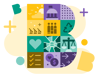 An illustration in the shape of letter "B", composed of various icons symbolising key social, environmental, and governance Impact Topic areas.