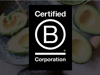 A picture of the B Corp logo on a background with avocados to help shoppers identify good businesses.
