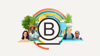 A collage representing diversity and environmental sustainability. With a "B" logo centred within vibrant, semi-circles. Including people of various ages and nationality, green trees, a wind turbine, and spheres representing sun and water.
