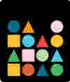 Grid of colourful geometric shapes—circles, triangles, squares—on a black background, representing diversity and inclusivity.