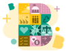 An illustration in the shape of letter "B", composed of various icons symbolising key social, environmental, and governance Impact Topic areas.