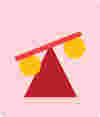 Abstract illustration of a red triangle and a diagonal line forming a scale, with yellow circles underneath each side of the scale, symbolising balance and impact.