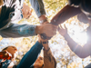 A group of people stand in a circle, stacking their hands together in a huddle, symbolising unity and collaboration across the B Corp community.